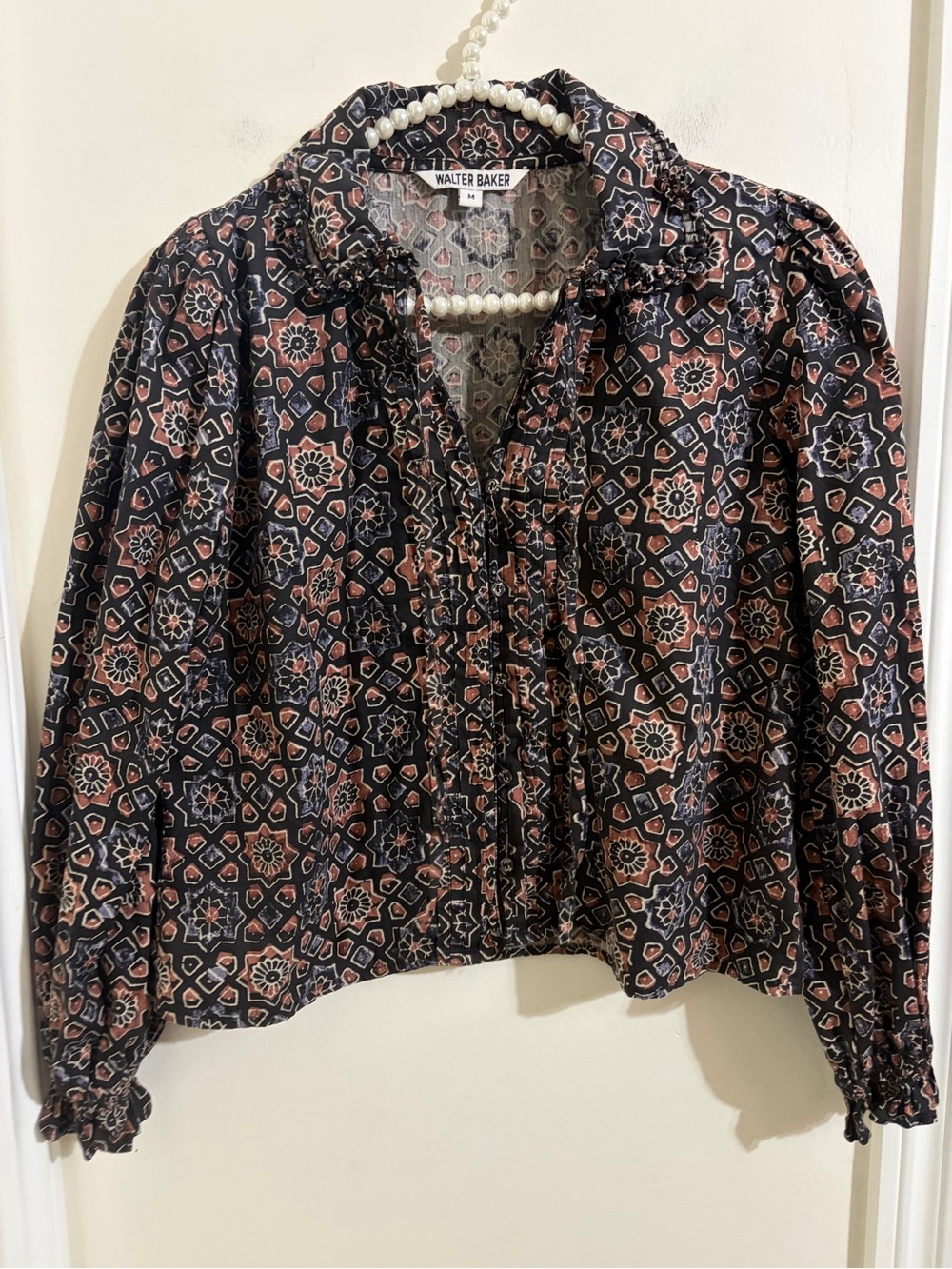 Walter Baker Black Floral-Geometric Ruffle-Trim Blouse